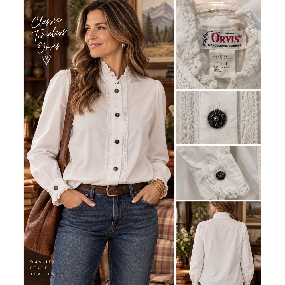 Vintage Orvis White Ruffle Lace Trim Victorian Blouse Long Sleeve Top Size 8